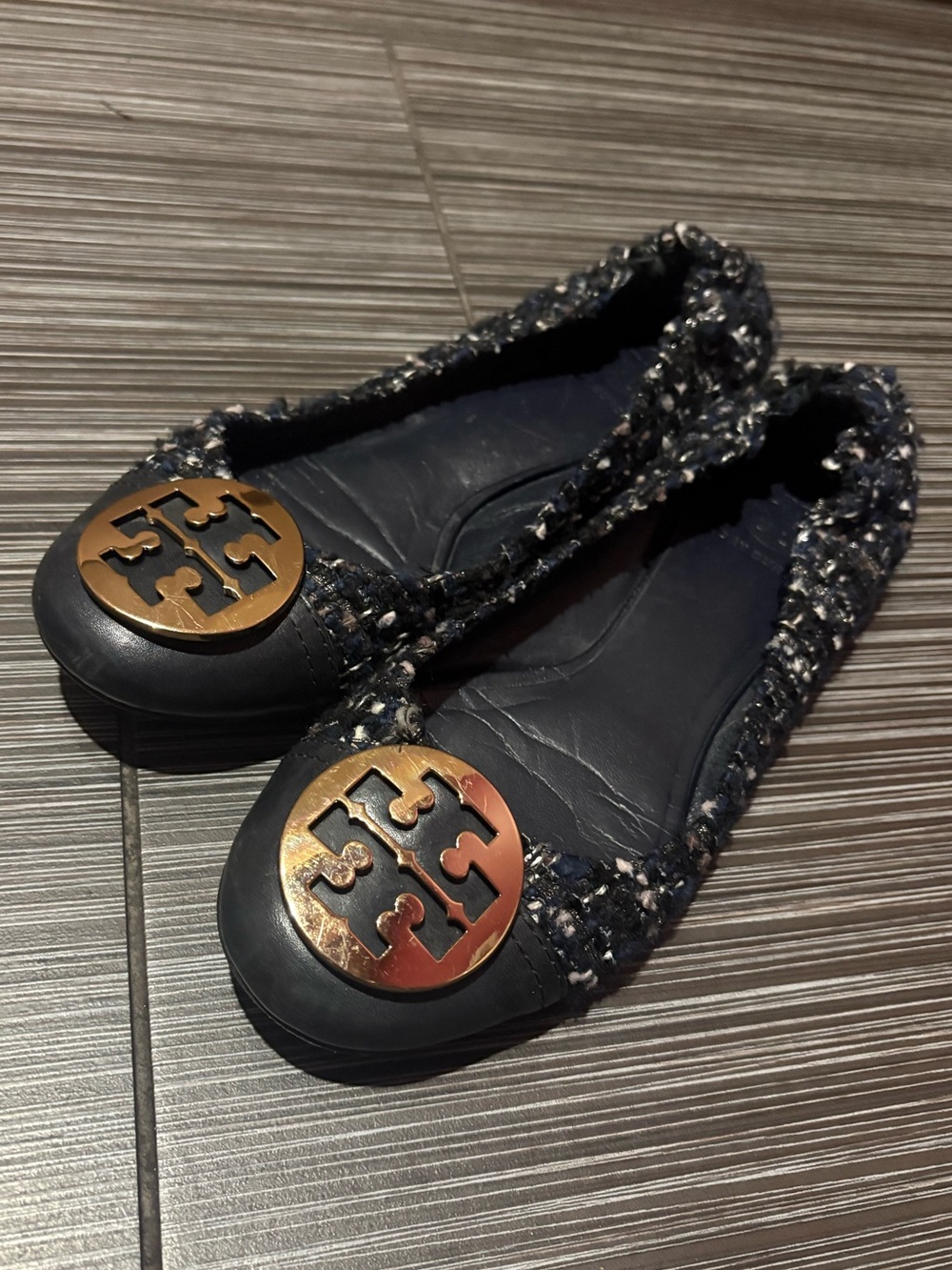 Tory Birch-Navy Leather and Tweed Ballet Flats with Gold Logo Medallion